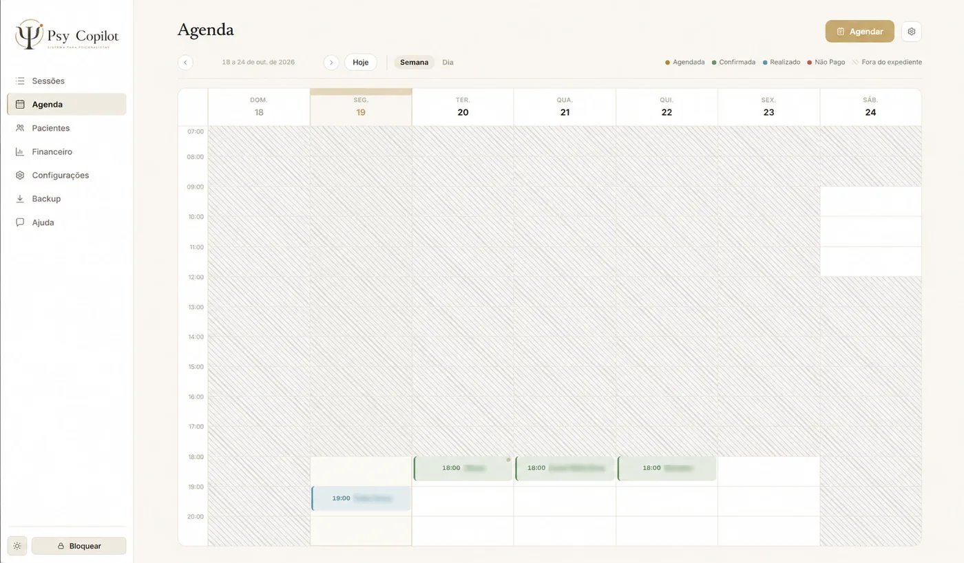Agenda semanal do Psy Copilot com horários de atendimento