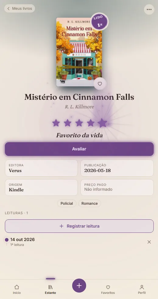 Tela do Shelfin no celular com detalhes do livro Mistério em Cinnamon Falls avaliado com cinco estrelas