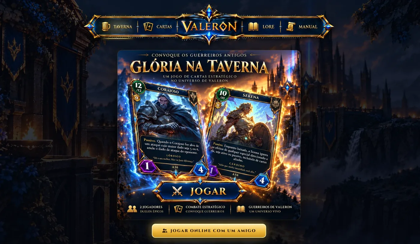 Tela inicial do Valeron com duas cartas de guerreiros e o botão Jogar
