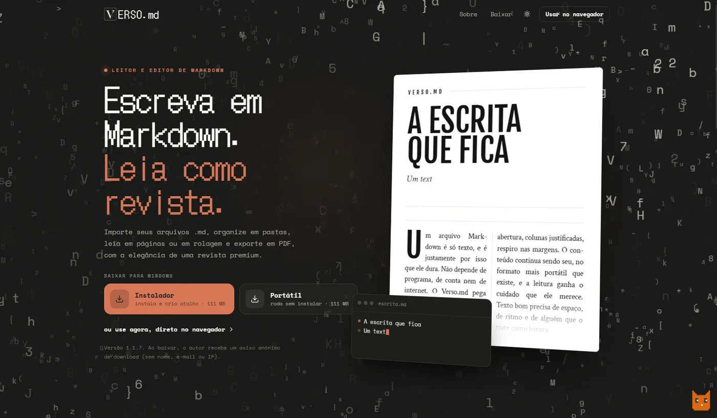Landing page do Verso.md com o título Escreva em Markdown, leia como revista